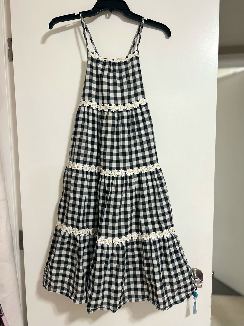 Isaac Mizrahi Black and White Gingham Daisy-Trim Tiered Sundress
